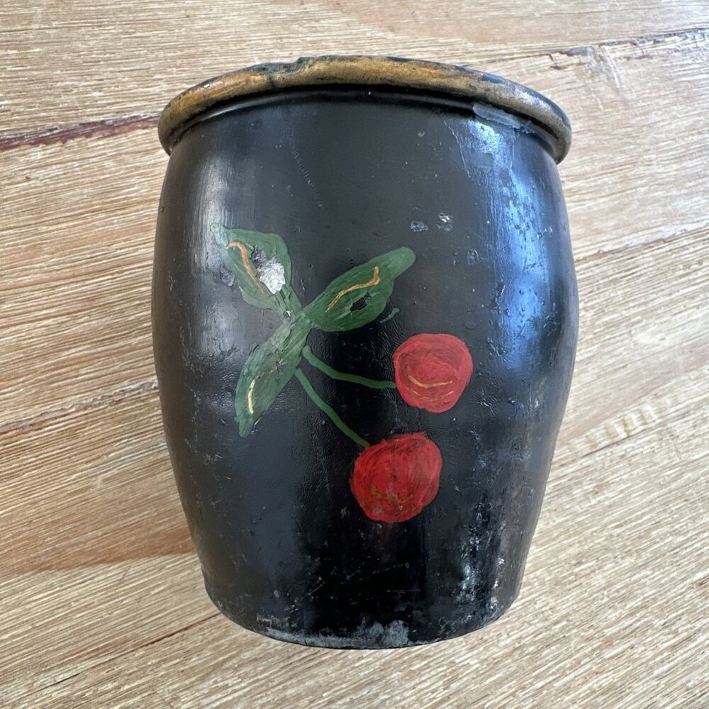 Vintage Small 4.5" Black Hand Painted Stoneware Crock Cherries Farmhouse Rustic